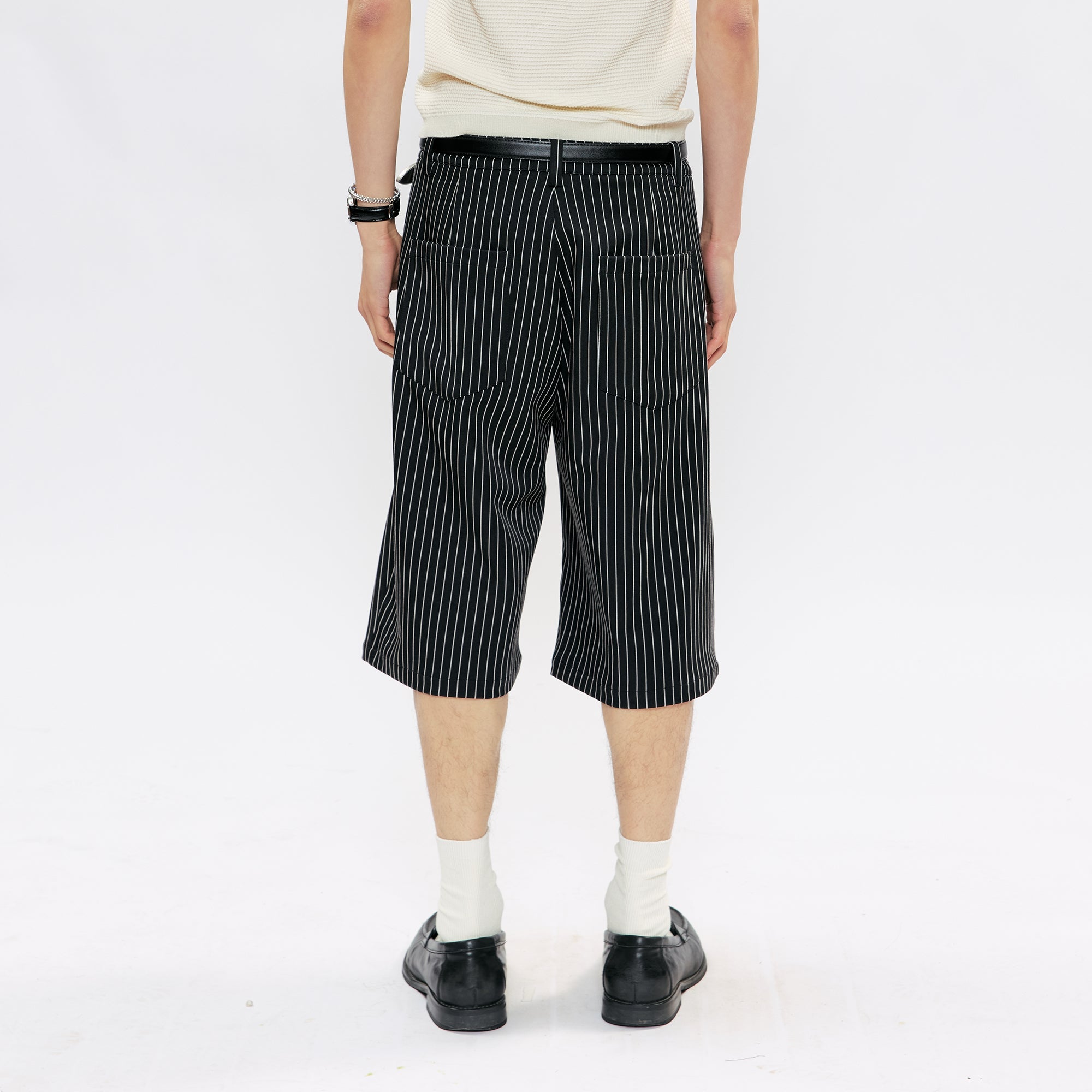 KREATE Pinstripe Pleated Suit Shorts-Shorts-S (Preorder)-Black-Free Shipping Leatheretro