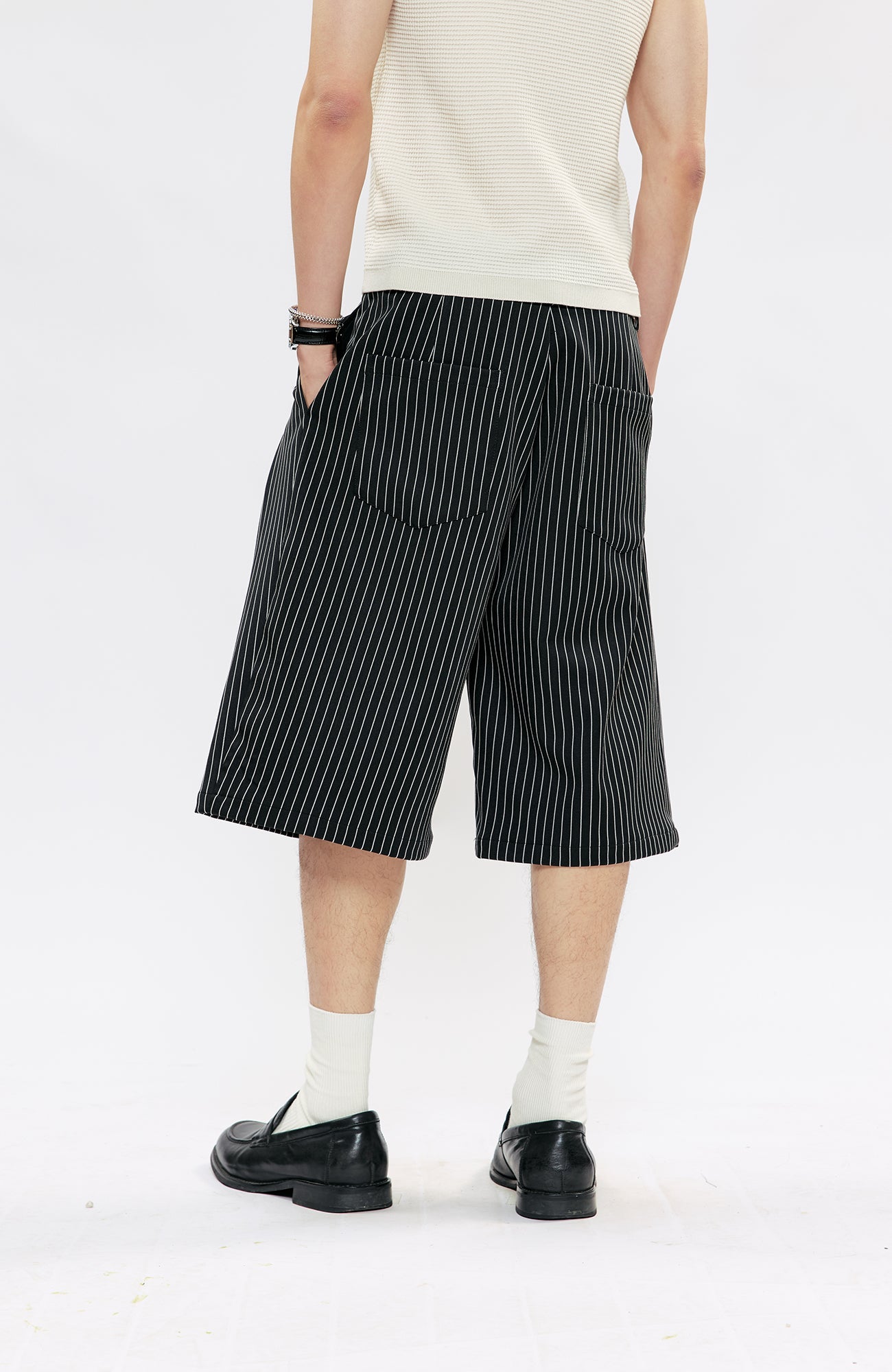 KREATE Pinstripe Pleated Suit Shorts-Shorts-S (Preorder)-Black-Free Shipping Leatheretro
