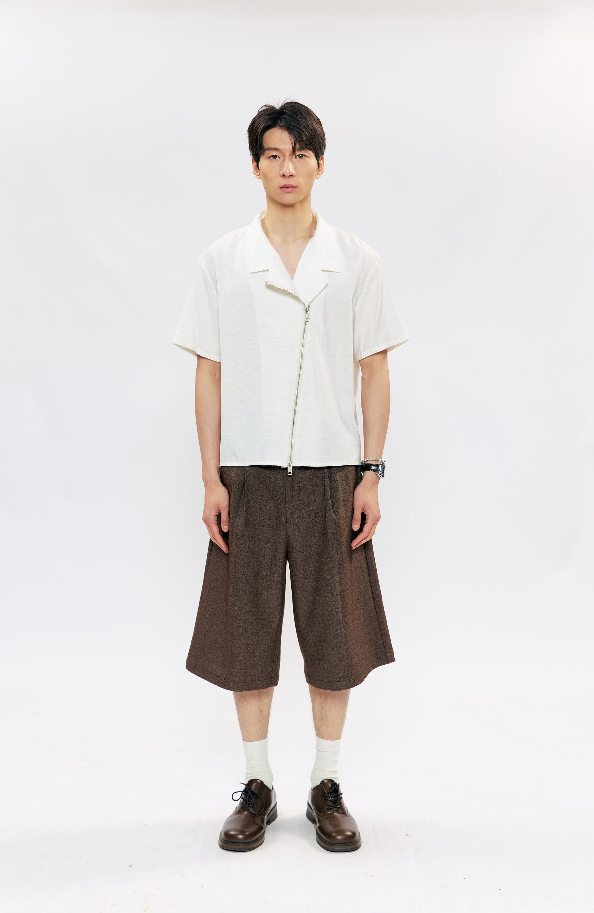 KREATE Asymmetric Zip Short-Sleeve Shirt-Half shirt-S (Preorder)-White-Free Shipping Leatheretro
