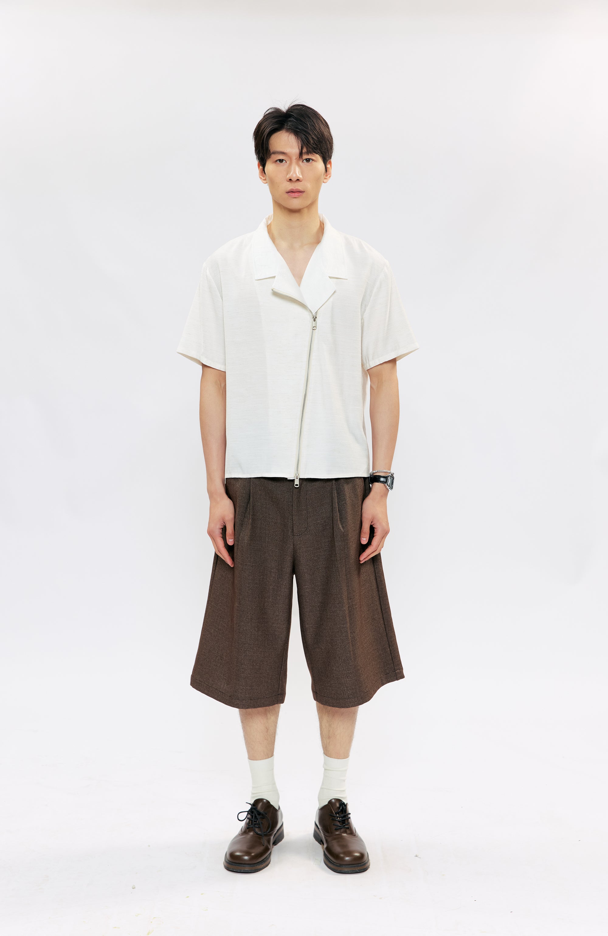 KREATE Asymmetric Zip Short-Sleeve Shirt-Half shirt-S (Preorder)-White-Free Shipping Leatheretro