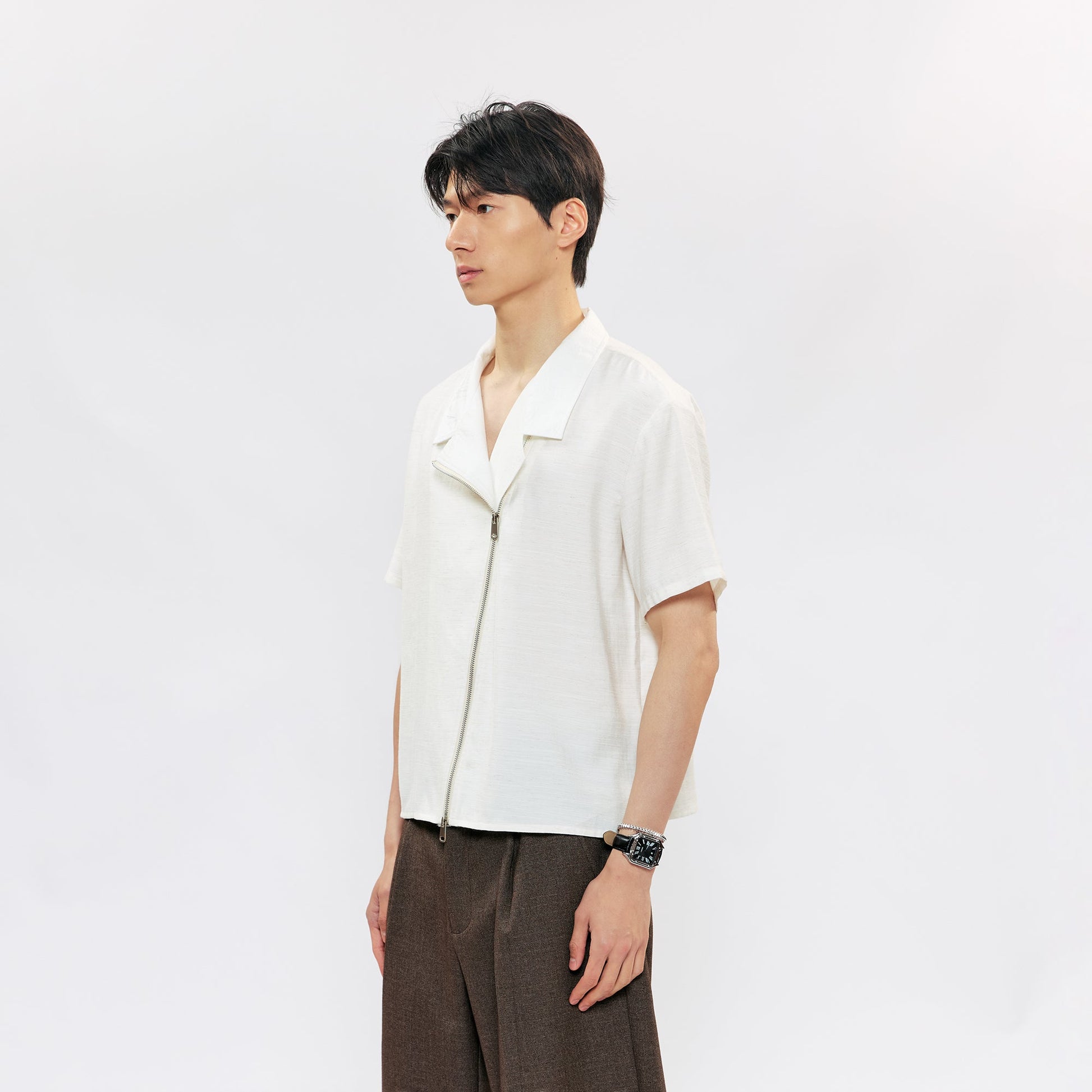 KREATE Asymmetric Zip Short-Sleeve Shirt-Half shirt-S (Preorder)-White-Free Shipping Leatheretro