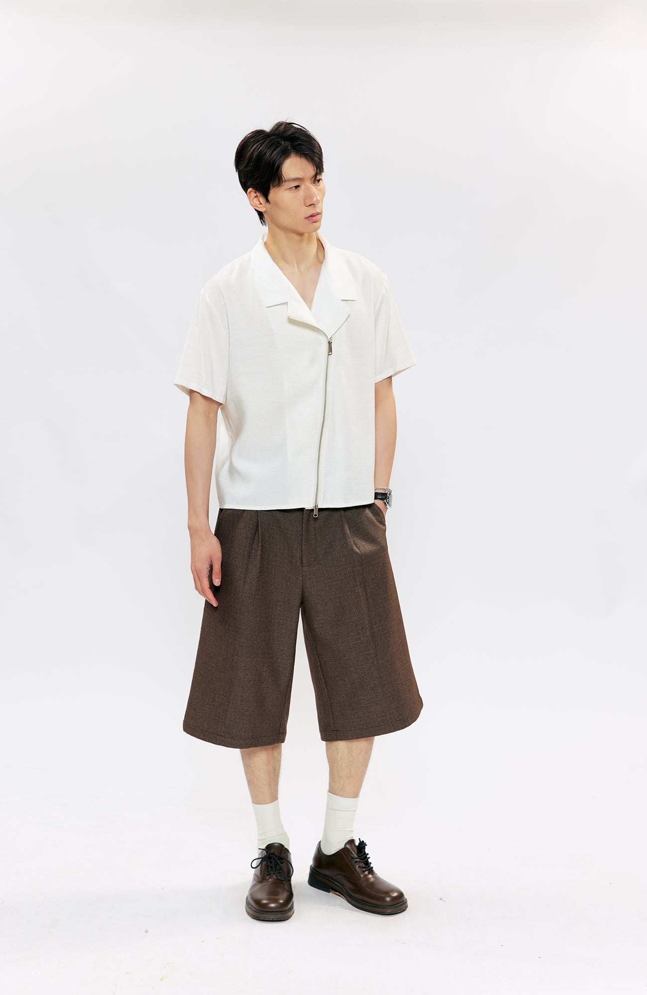 KREATE Asymmetric Zip Short-Sleeve Shirt-Half shirt-S (Preorder)-White-Free Shipping Leatheretro