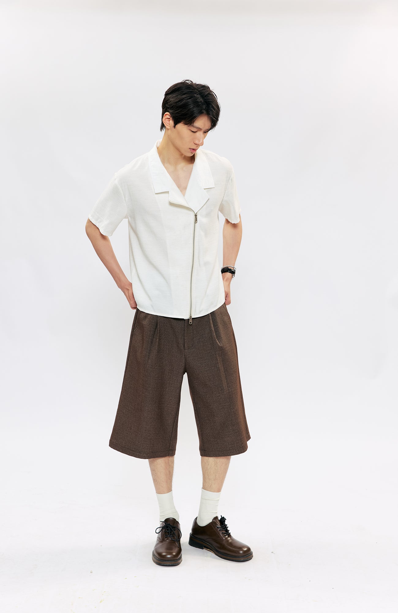 KREATE Asymmetric Zip Short-Sleeve Shirt-Half shirt-S (Preorder)-White-Free Shipping Leatheretro