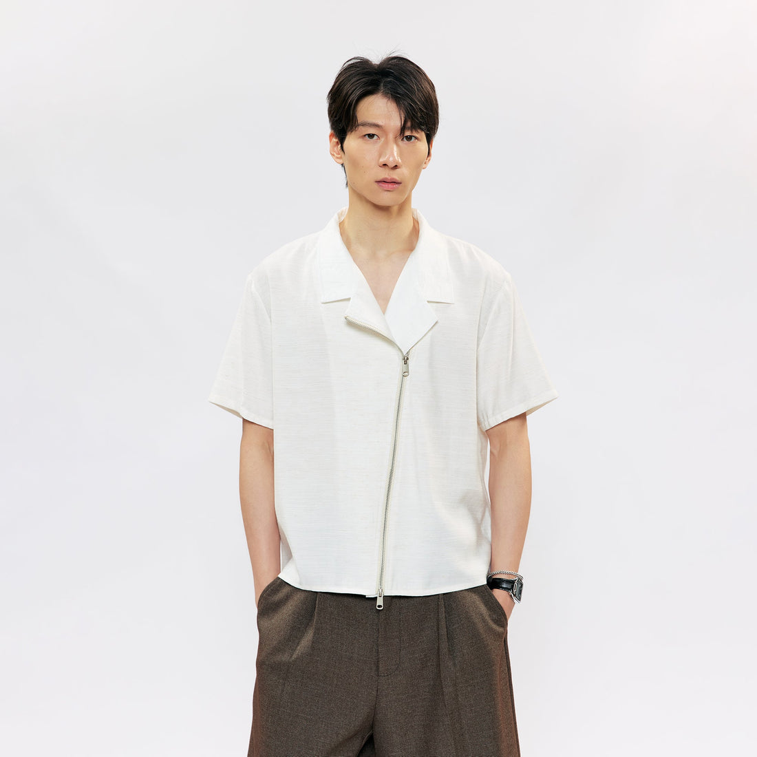 KREATE Asymmetric Zip Short-Sleeve Shirt-Half shirt-S (Preorder)-White-Free Shipping Leatheretro