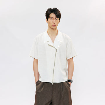 KREATE Asymmetric Zip Short-Sleeve Shirt-Half shirt-S (Preorder)-White-Free Shipping Leatheretro