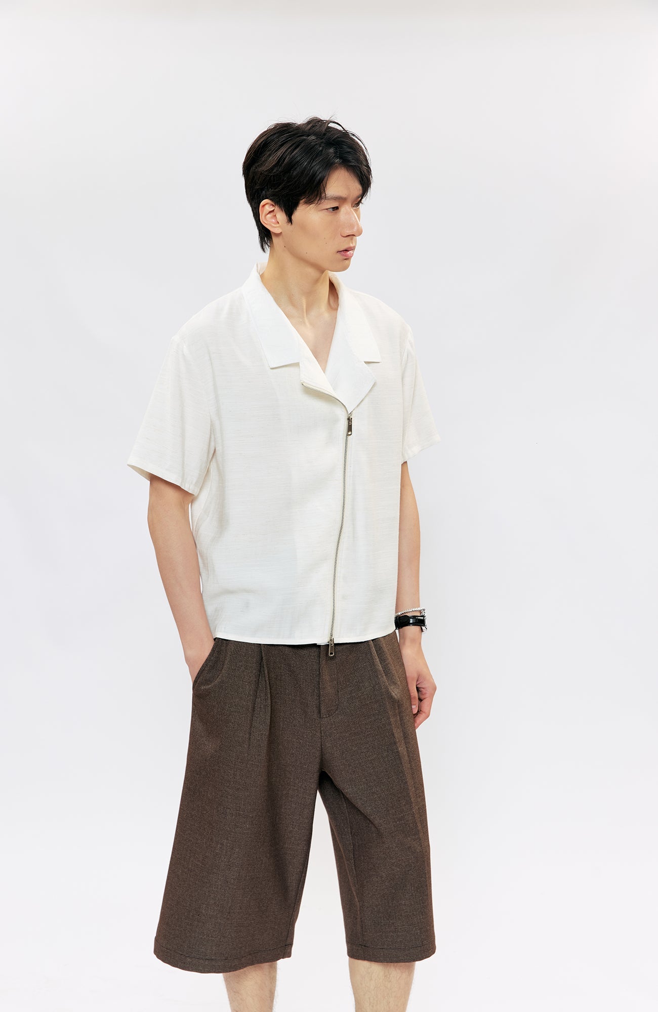 KREATE Asymmetric Zip Short-Sleeve Shirt-Half shirt-S (Preorder)-White-Free Shipping Leatheretro