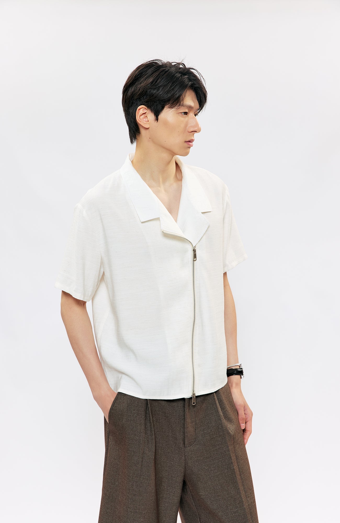 KREATE Asymmetric Zip Short-Sleeve Shirt-Half shirt-S (Preorder)-White-Free Shipping Leatheretro