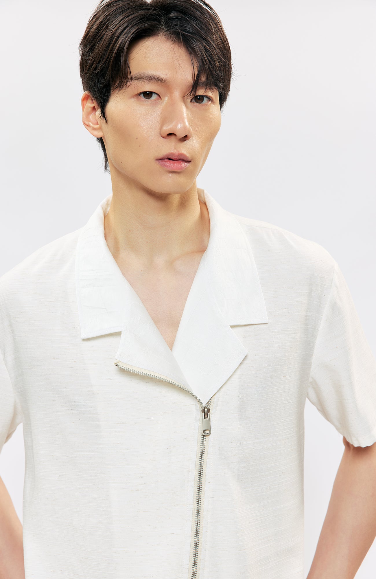 KREATE Asymmetric Zip Short-Sleeve Shirt-Half shirt-S (Preorder)-White-Free Shipping Leatheretro