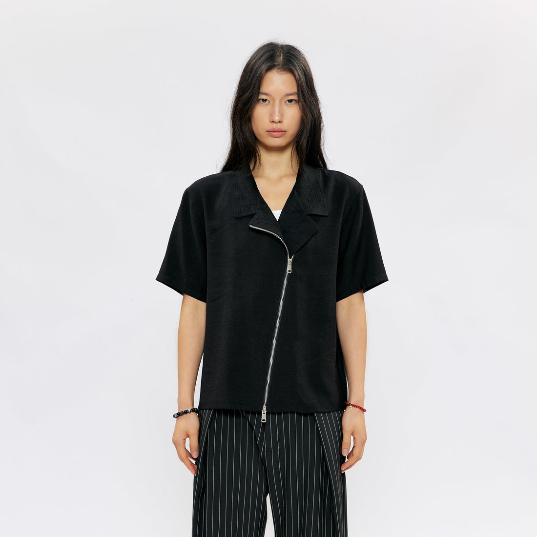 KREATE Asymmetric Zip Short-Sleeve Shirt-Half shirt-S (Preorder)-White-Free Shipping Leatheretro