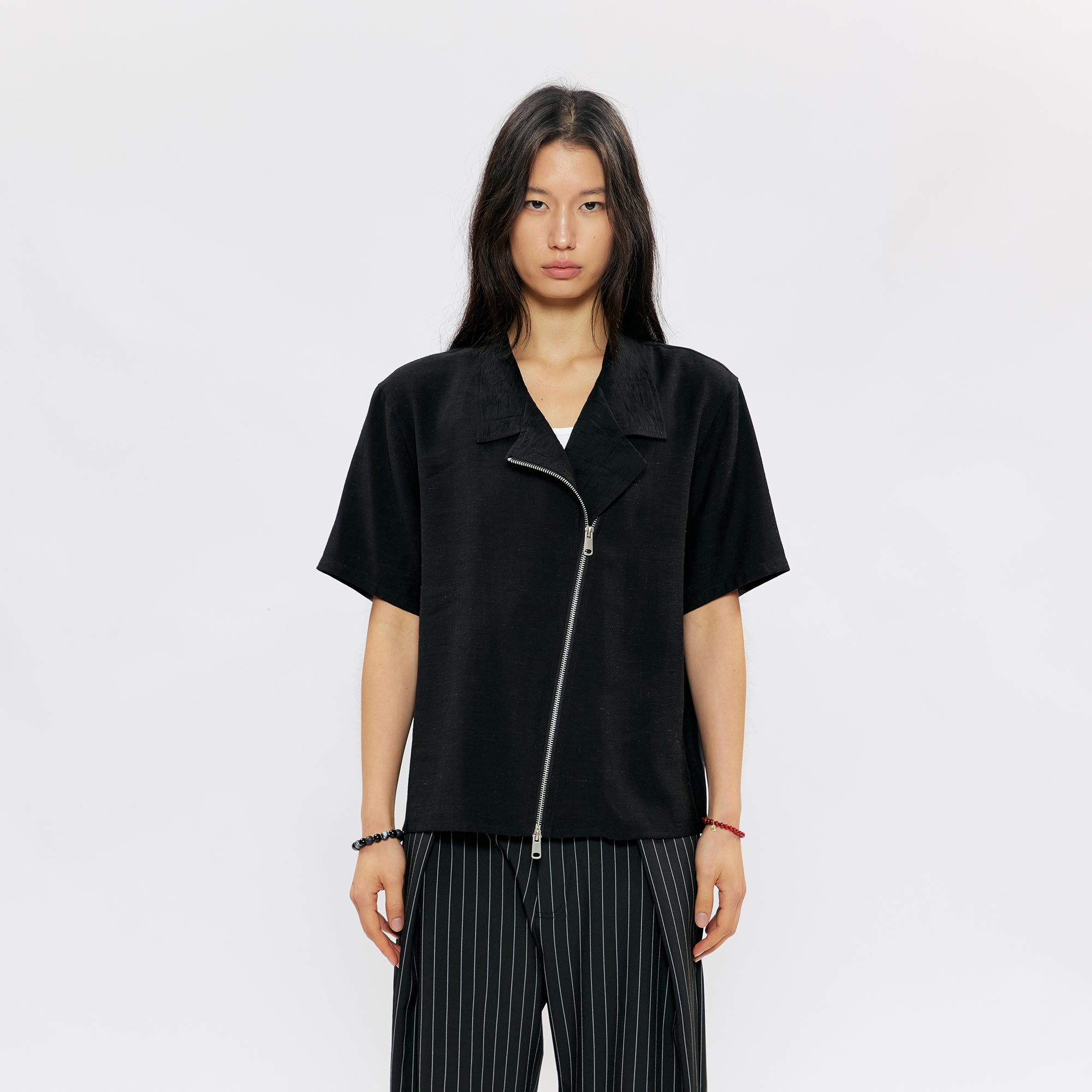 KREATE Asymmetric Zip Short-Sleeve Shirt-Half shirt-S (Preorder)-Black-Free Shipping Leatheretro