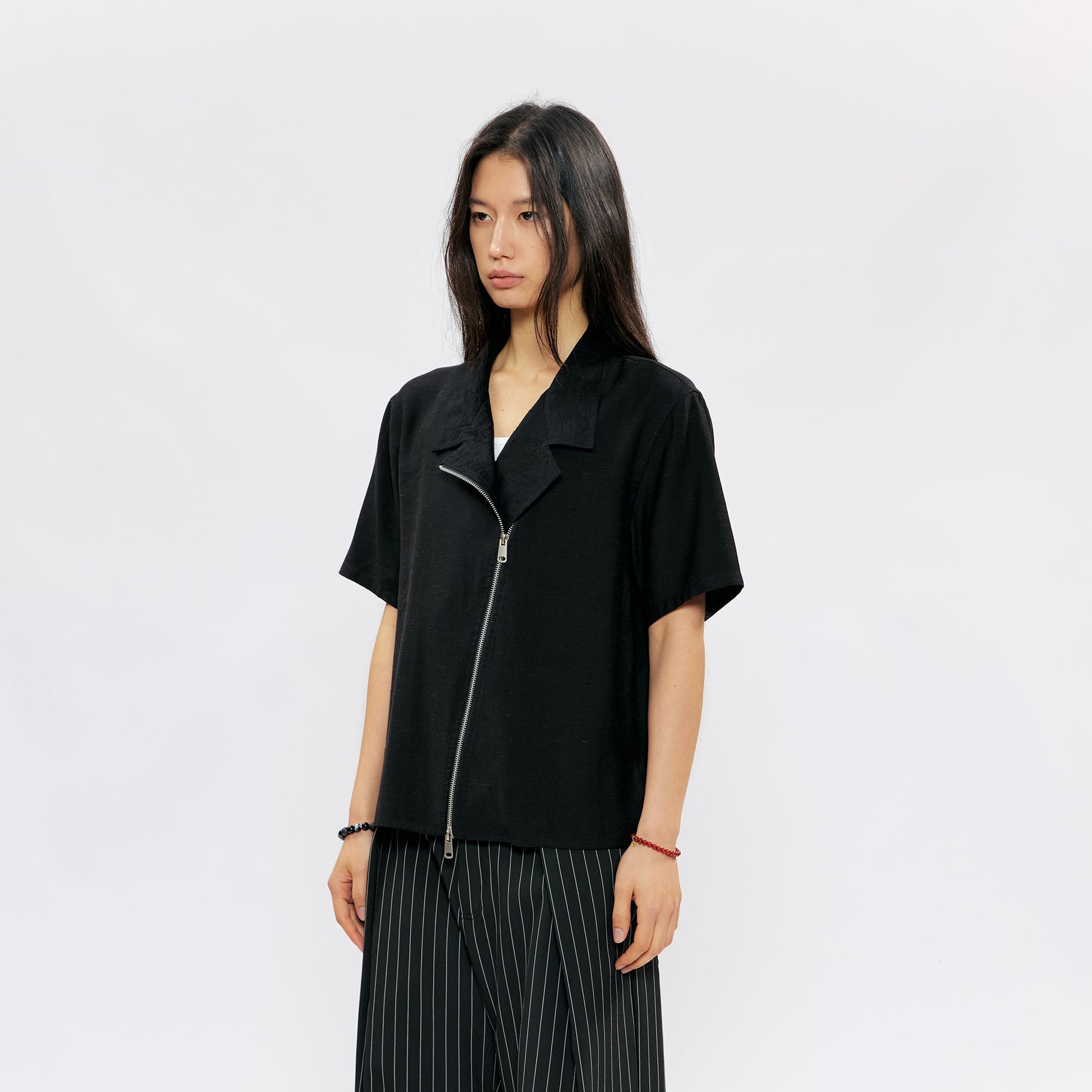 KREATE Asymmetric Zip Short-Sleeve Shirt-Half shirt-S (Preorder)-White-Free Shipping Leatheretro