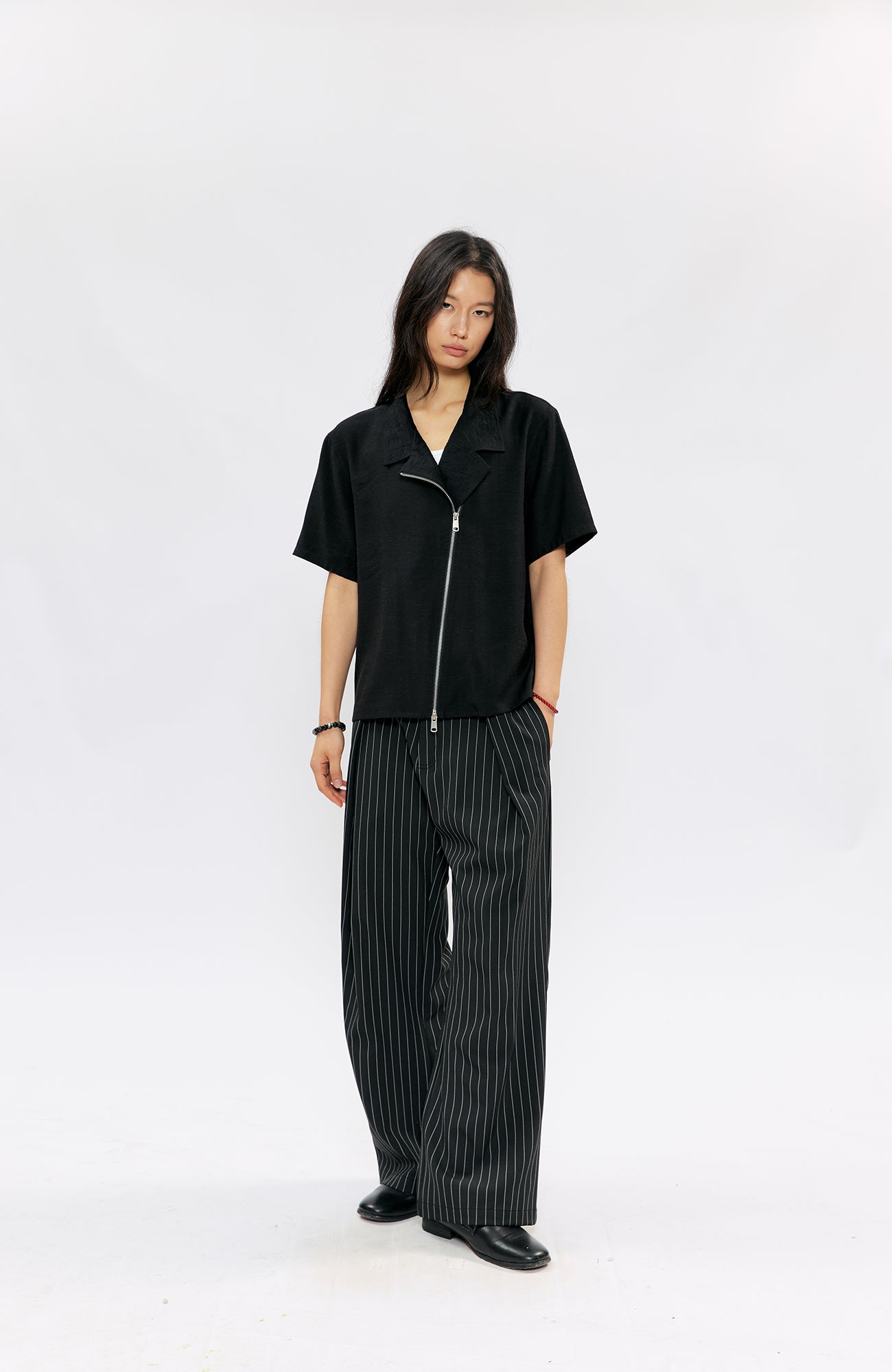 KREATE Asymmetric Zip Short-Sleeve Shirt-Half shirt-S (Preorder)-White-Free Shipping Leatheretro