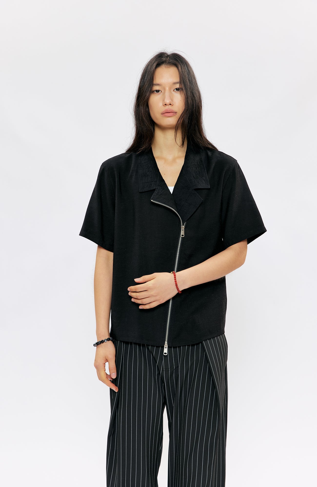 KREATE Asymmetric Zip Short-Sleeve Shirt-Half shirt-S (Preorder)-White-Free Shipping Leatheretro