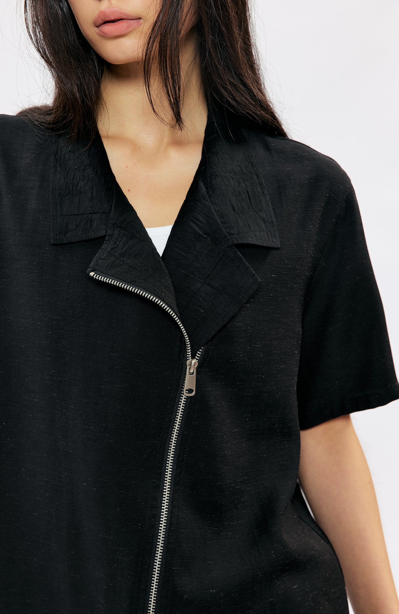 KREATE Asymmetric Zip Short-Sleeve Shirt-Half shirt-S (Preorder)-White-Free Shipping Leatheretro