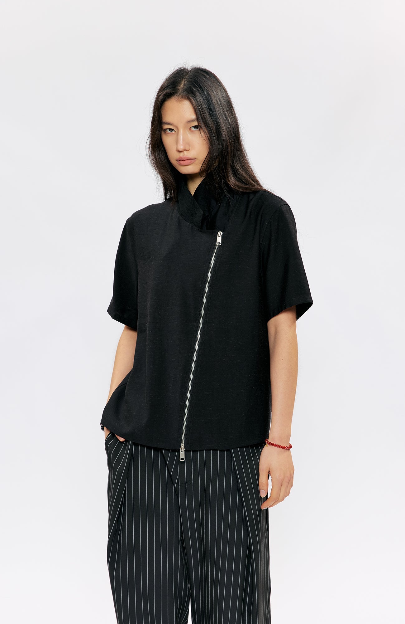 KREATE Asymmetric Zip Short-Sleeve Shirt-Half shirt-S (Preorder)-White-Free Shipping Leatheretro