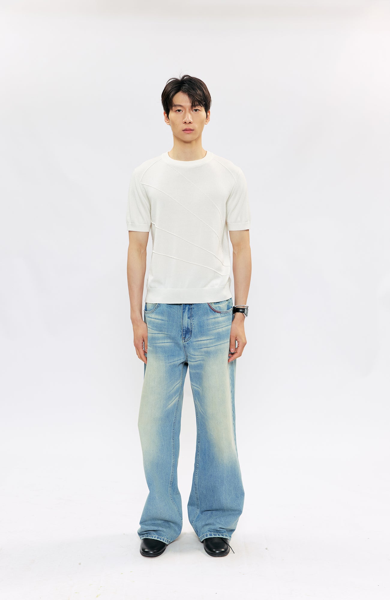 KREATE KREATE Cross-Stitch Wide-Leg Washed Jeans-Jeans-S (Preorder)-Free Shipping Leatheretro