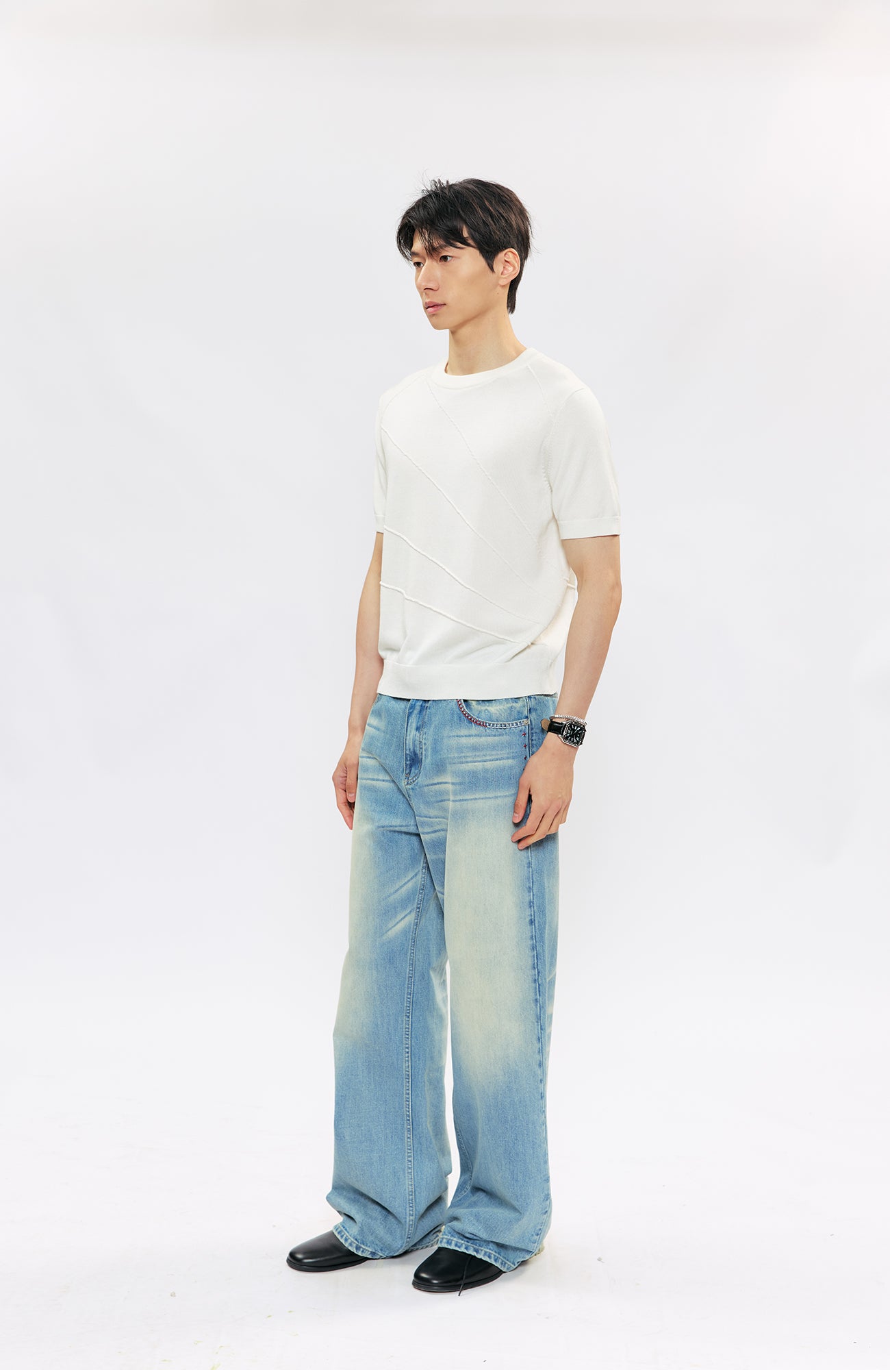 KREATE KREATE Cross-Stitch Wide-Leg Washed Jeans-Jeans-S (Preorder)-Free Shipping Leatheretro