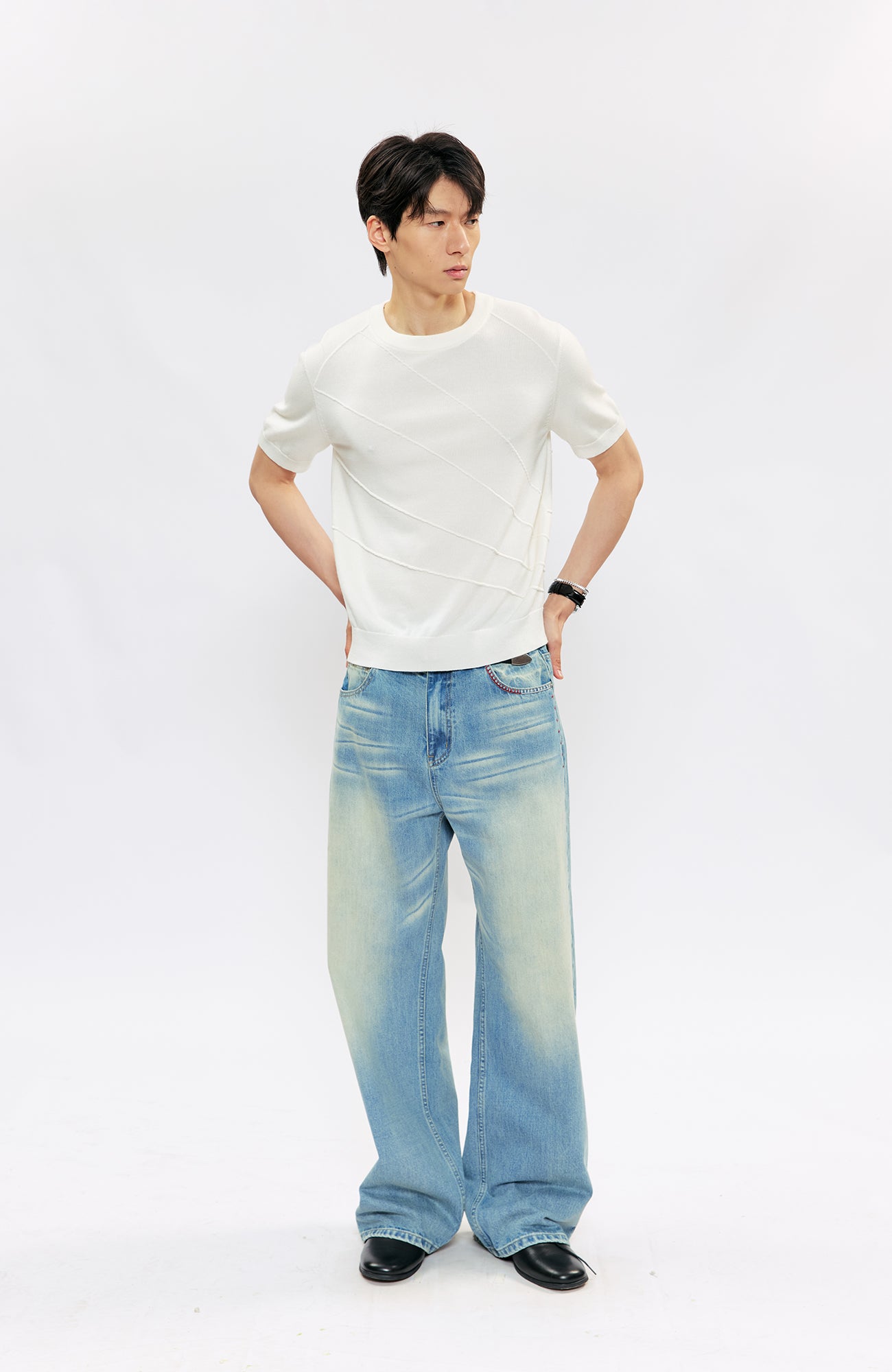 KREATE KREATE Cross-Stitch Wide-Leg Washed Jeans-Jeans-S (Preorder)-Free Shipping Leatheretro