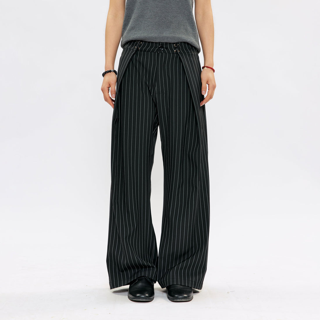 KREATE Pleated Pinstripe Wide-Leg Trousers-Pants-S (Preorder)-Black-Free Shipping Leatheretro