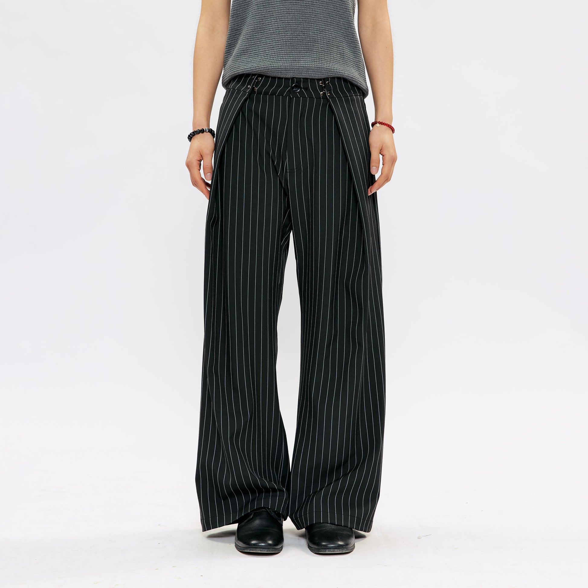 KREATE Pleated Pinstripe Wide-Leg Trousers-Pants-S (Preorder)-Black-Free Shipping Leatheretro