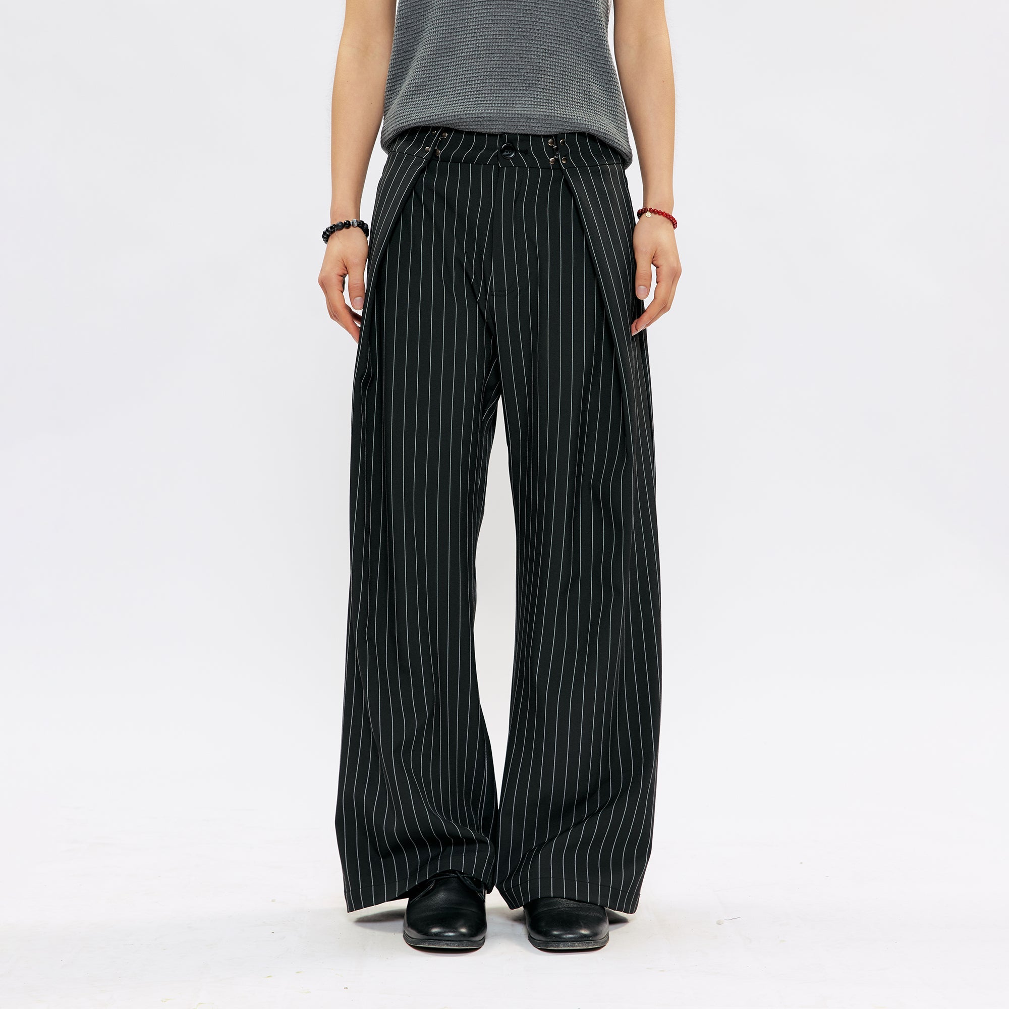 KREATE Pleated Pinstripe Wide-Leg Trousers-Pants-S (Preorder)-Black-Free Shipping Leatheretro