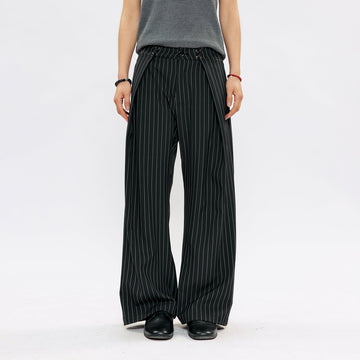 KREATE Pleated Pinstripe Wide-Leg Trousers-Pants-S (Preorder)-Black-Free Shipping Leatheretro