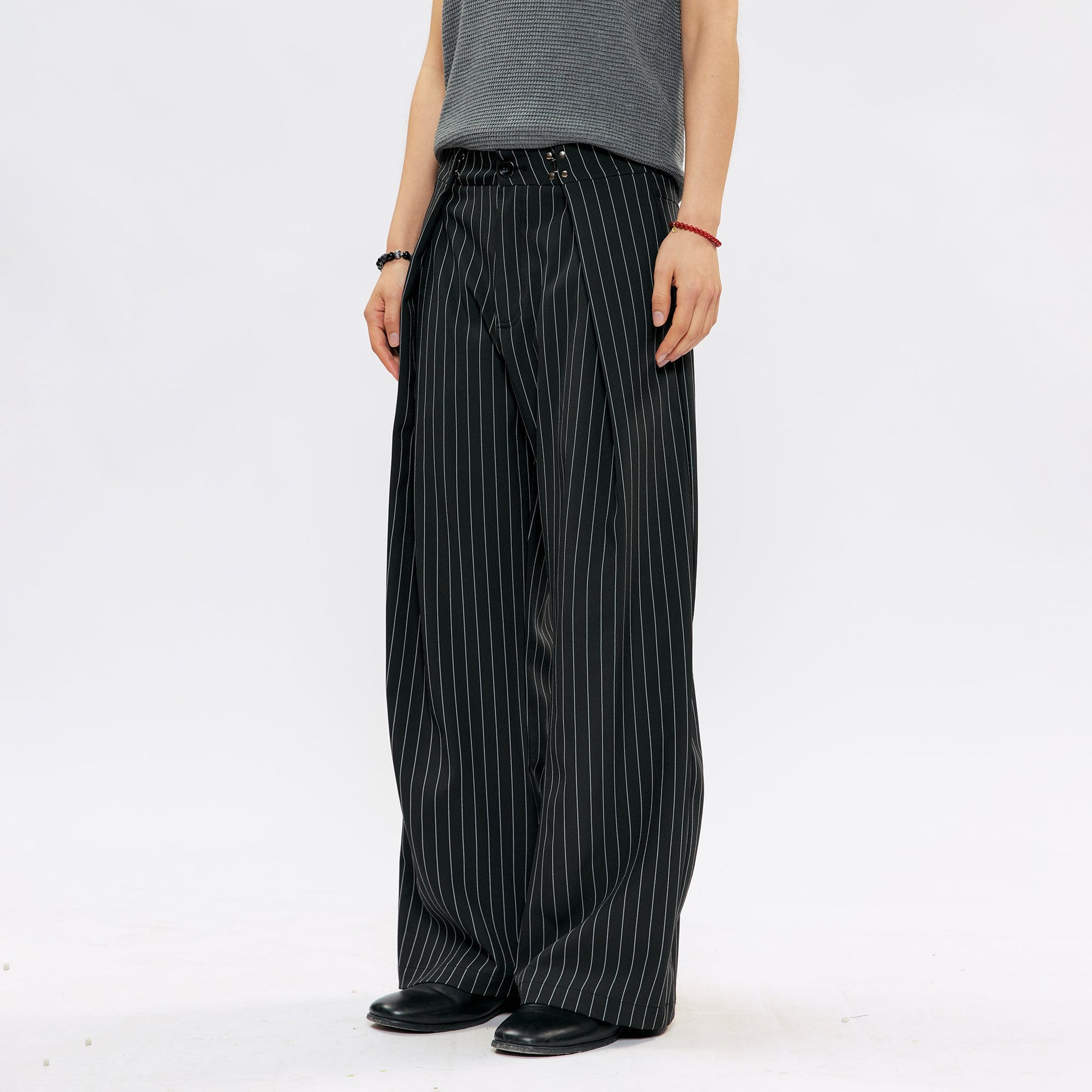 KREATE Pleated Pinstripe Wide-Leg Trousers-Pants-S (Preorder)-Black-Free Shipping Leatheretro