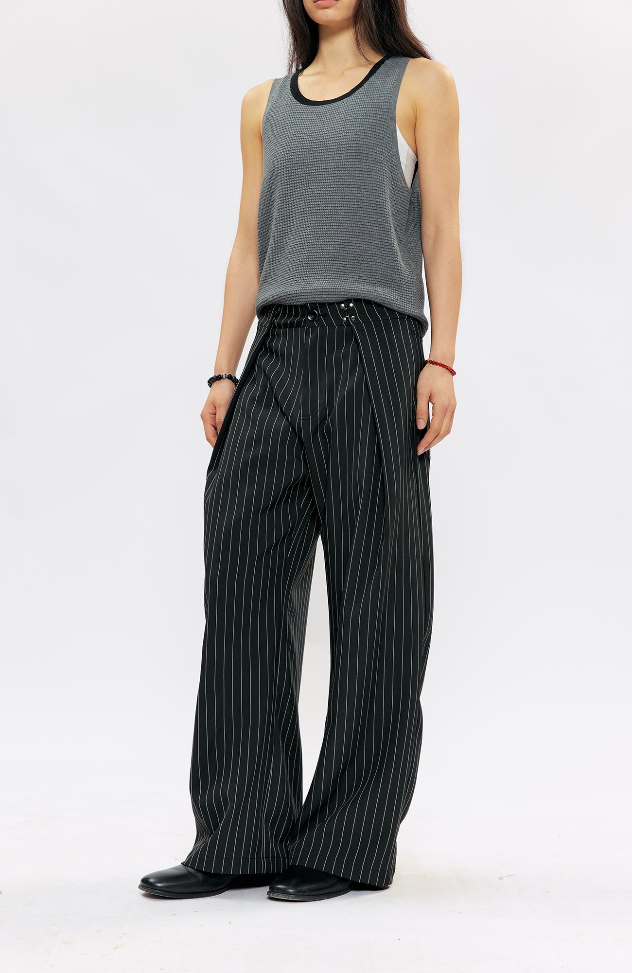 KREATE Pleated Pinstripe Wide-Leg Trousers-Pants-S (Preorder)-Black-Free Shipping Leatheretro