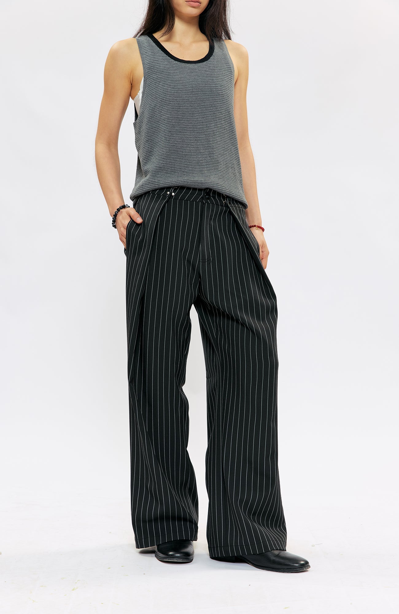 KREATE Pleated Pinstripe Wide-Leg Trousers-Pants-S (Preorder)-Black-Free Shipping Leatheretro