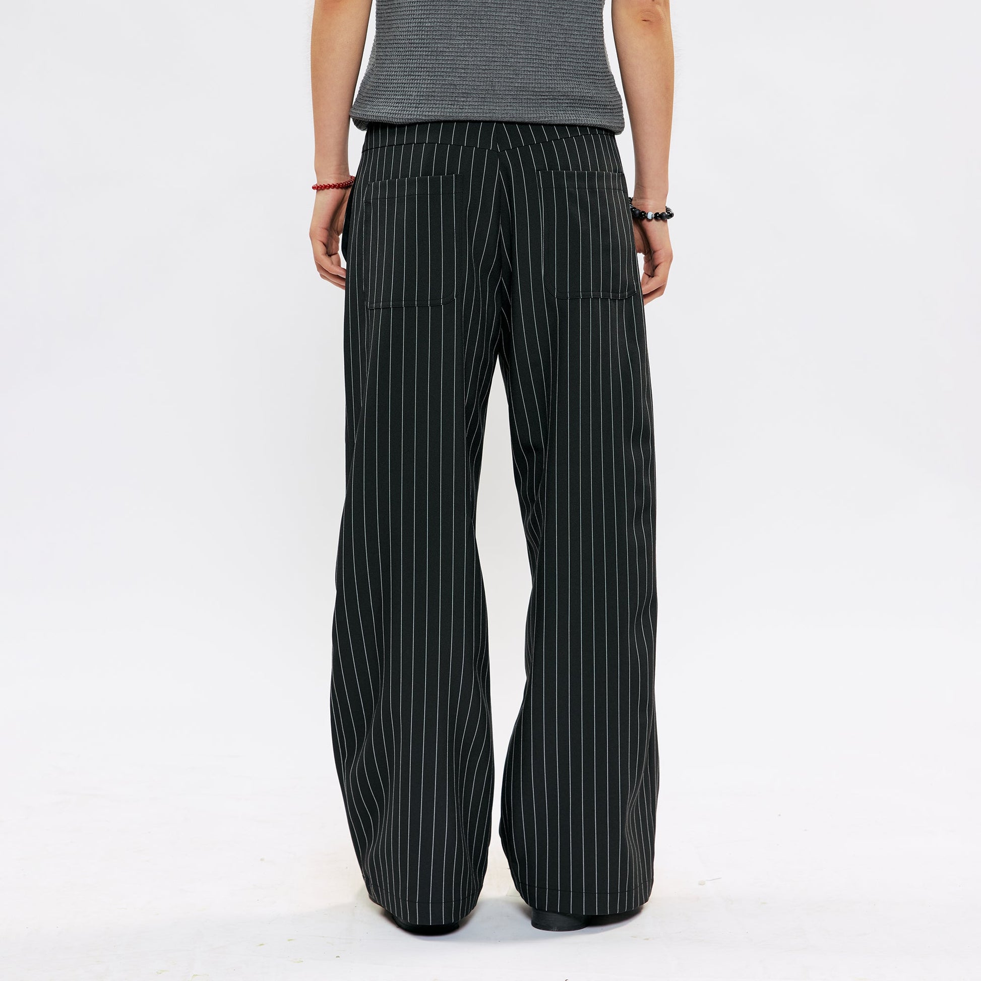 KREATE Pleated Pinstripe Wide-Leg Trousers-Pants-S (Preorder)-Black-Free Shipping Leatheretro