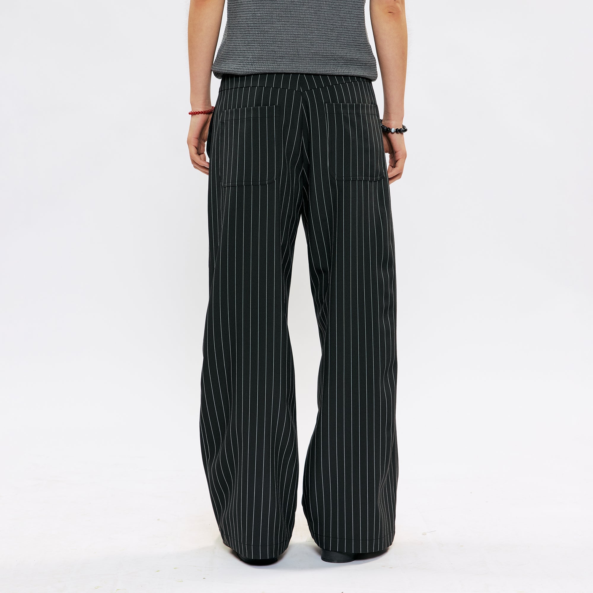 KREATE Pleated Pinstripe Wide-Leg Trousers-Pants-S (Preorder)-Black-Free Shipping Leatheretro