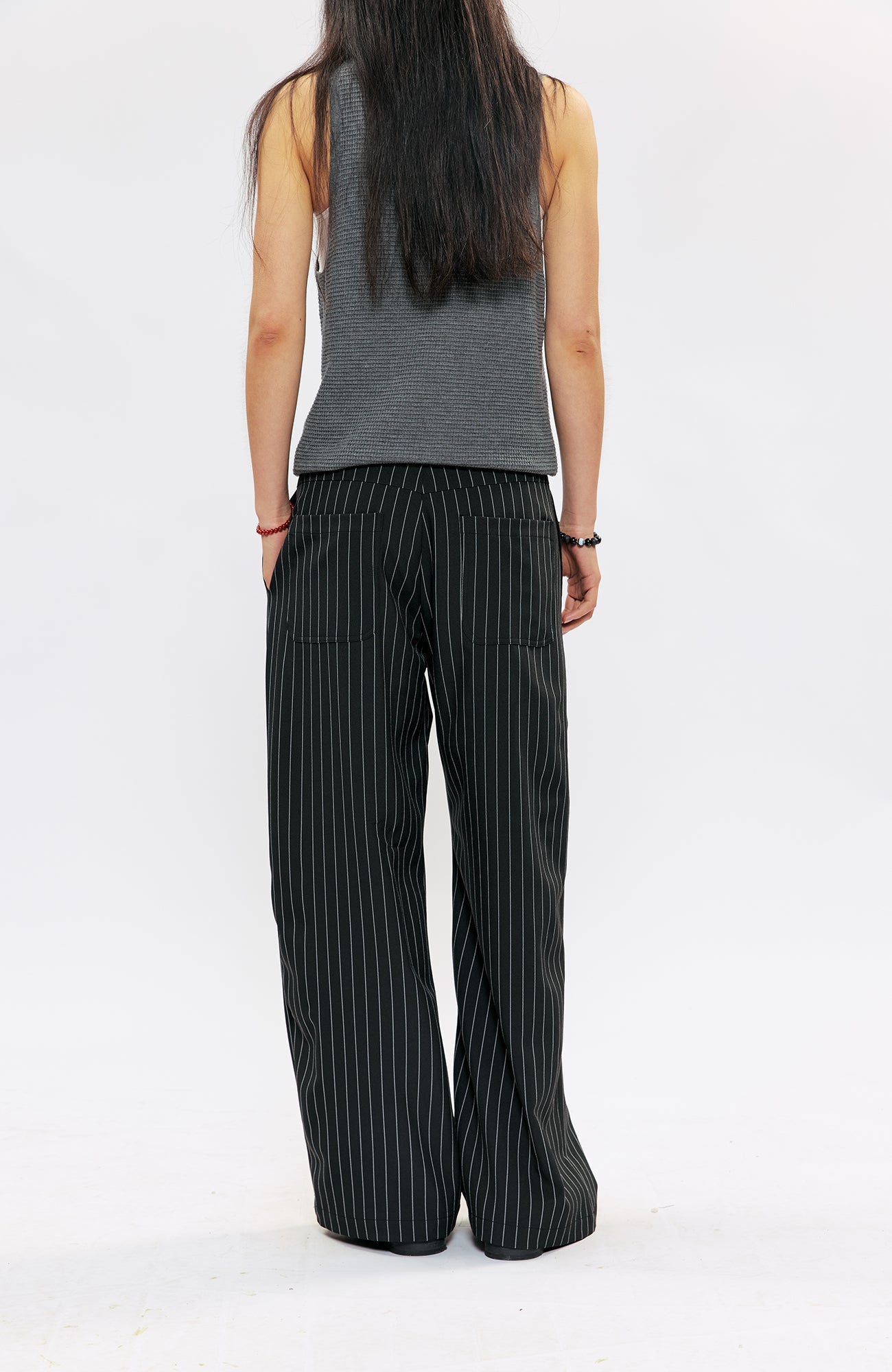 KREATE Pleated Pinstripe Wide-Leg Trousers-Pants-S (Preorder)-Black-Free Shipping Leatheretro