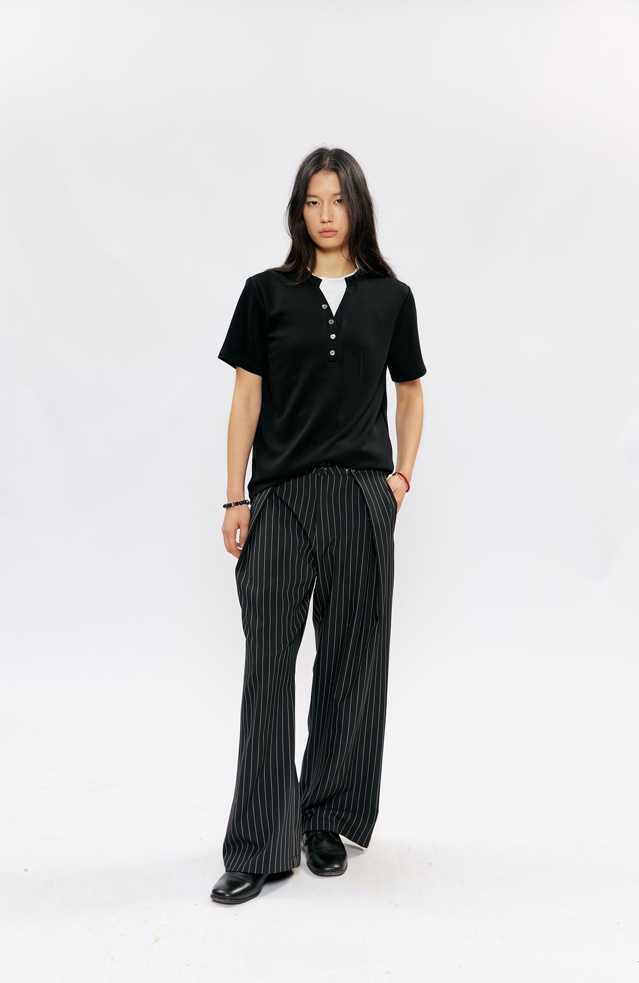 KREATE Pleated Pinstripe Wide-Leg Trousers-Pants-S (Preorder)-Black-Free Shipping Leatheretro