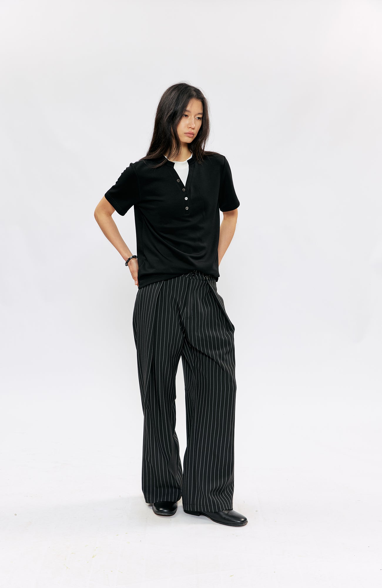 KREATE Pleated Pinstripe Wide-Leg Trousers-Pants-S (Preorder)-Black-Free Shipping Leatheretro
