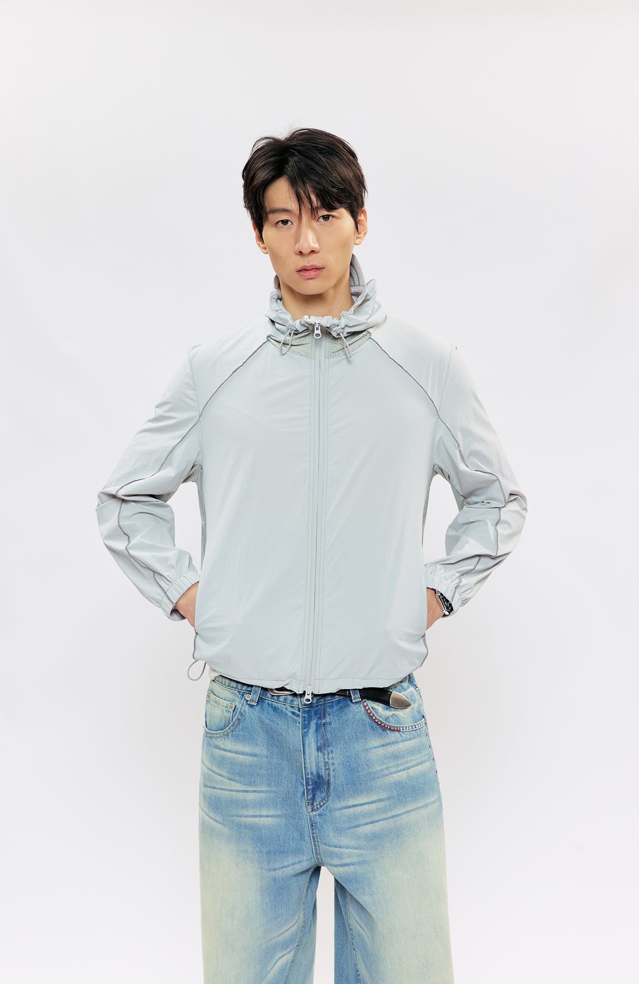 KREATE Contrast-Seam Sun Shield Jacket-Jacket-S (Preorder)-Gray-Free Shipping Leatheretro