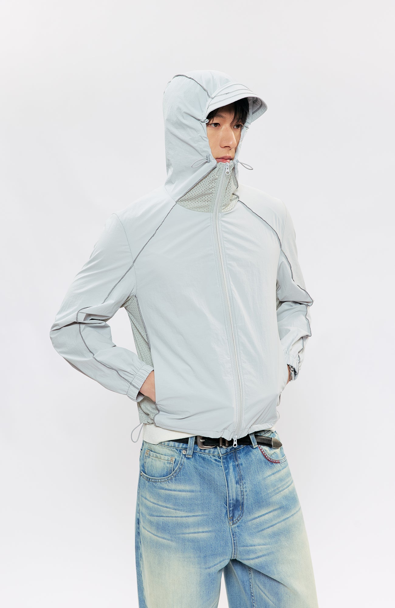 KREATE Contrast-Seam Sun Shield Jacket-Jacket-S (Preorder)-Gray-Free Shipping Leatheretro