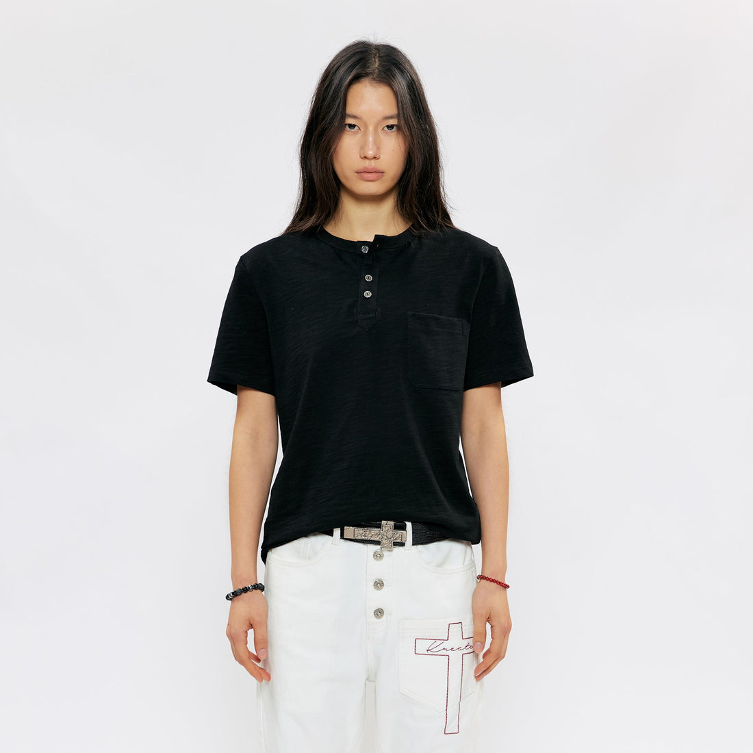 KREATE Cross-Stitch Henley T-Shirt-T Shirt-S (Preorder)-Dark Gray-Free Shipping Leatheretro