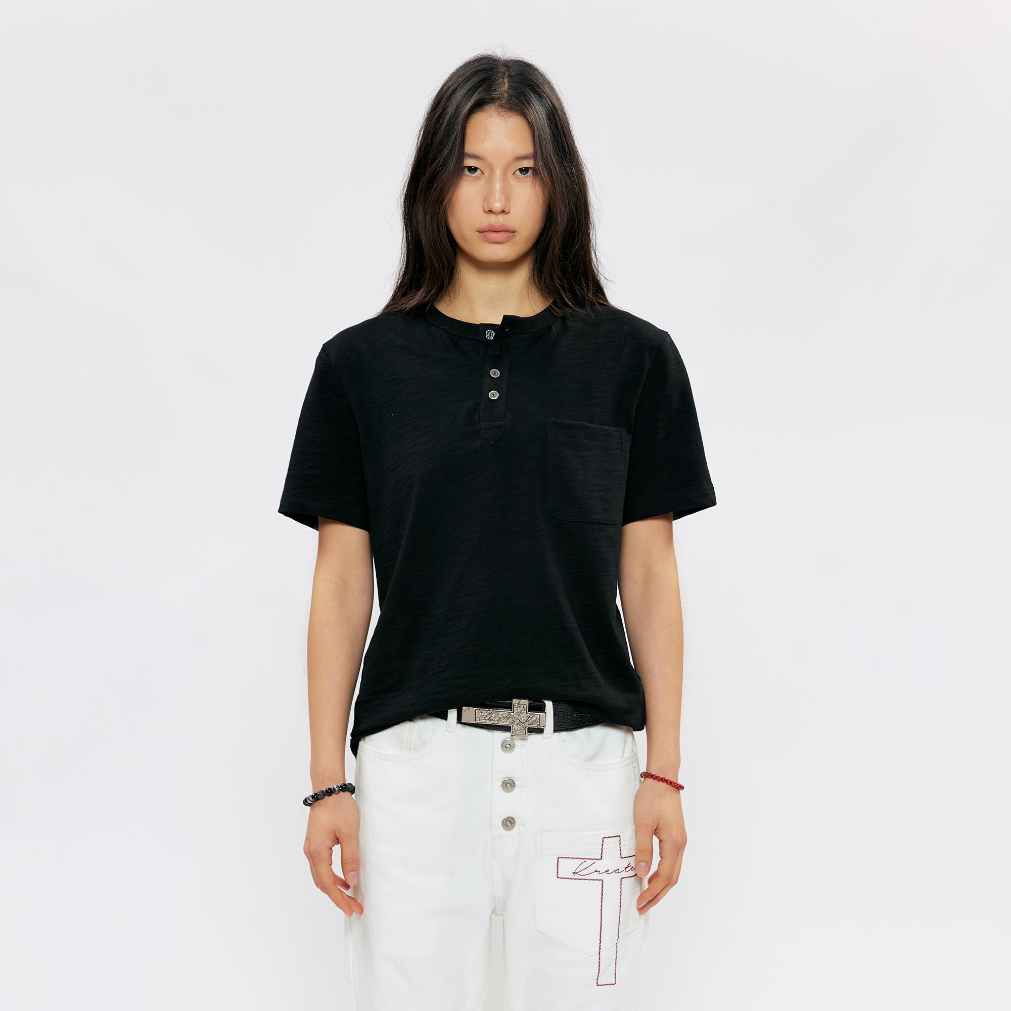 KREATE Cross-Stitch Henley T-Shirt-T Shirt-S (Preorder)-Black-Free Shipping Leatheretro