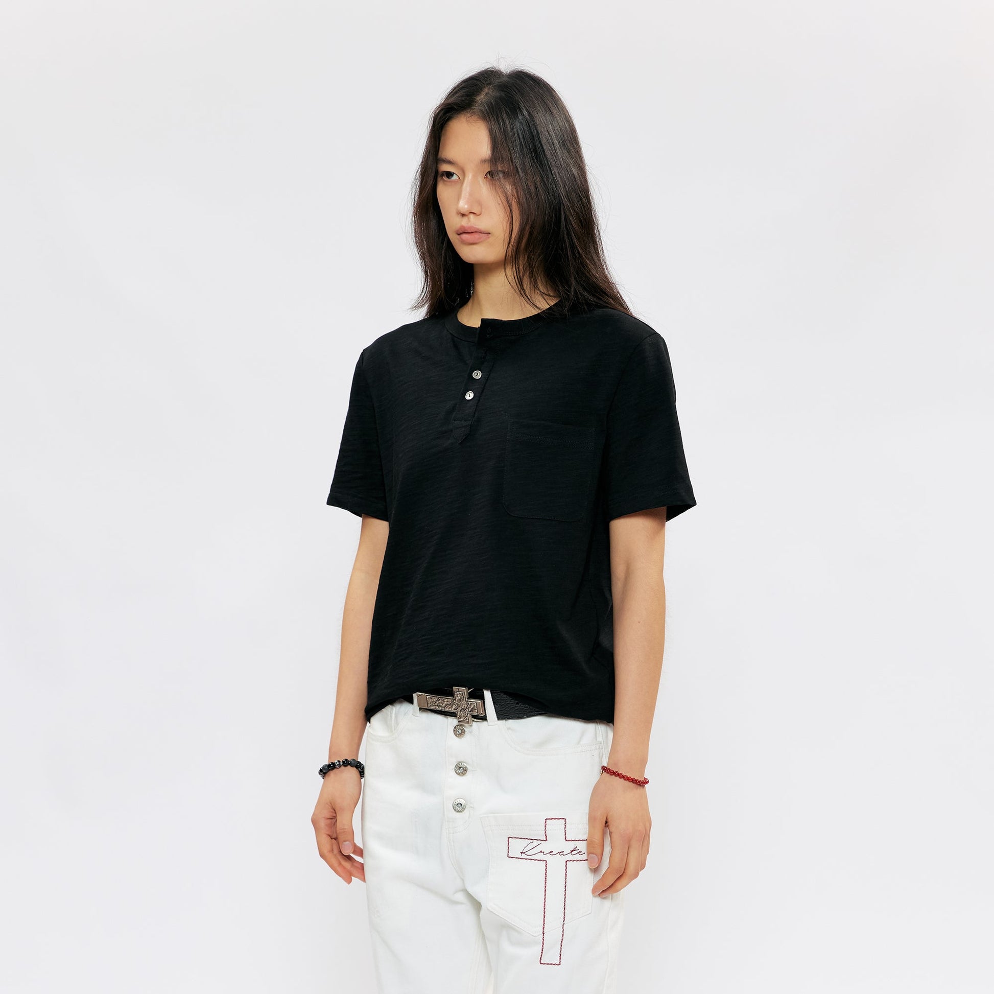 KREATE Cross-Stitch Henley T-Shirt-T Shirt-S (Preorder)-Dark Gray-Free Shipping Leatheretro