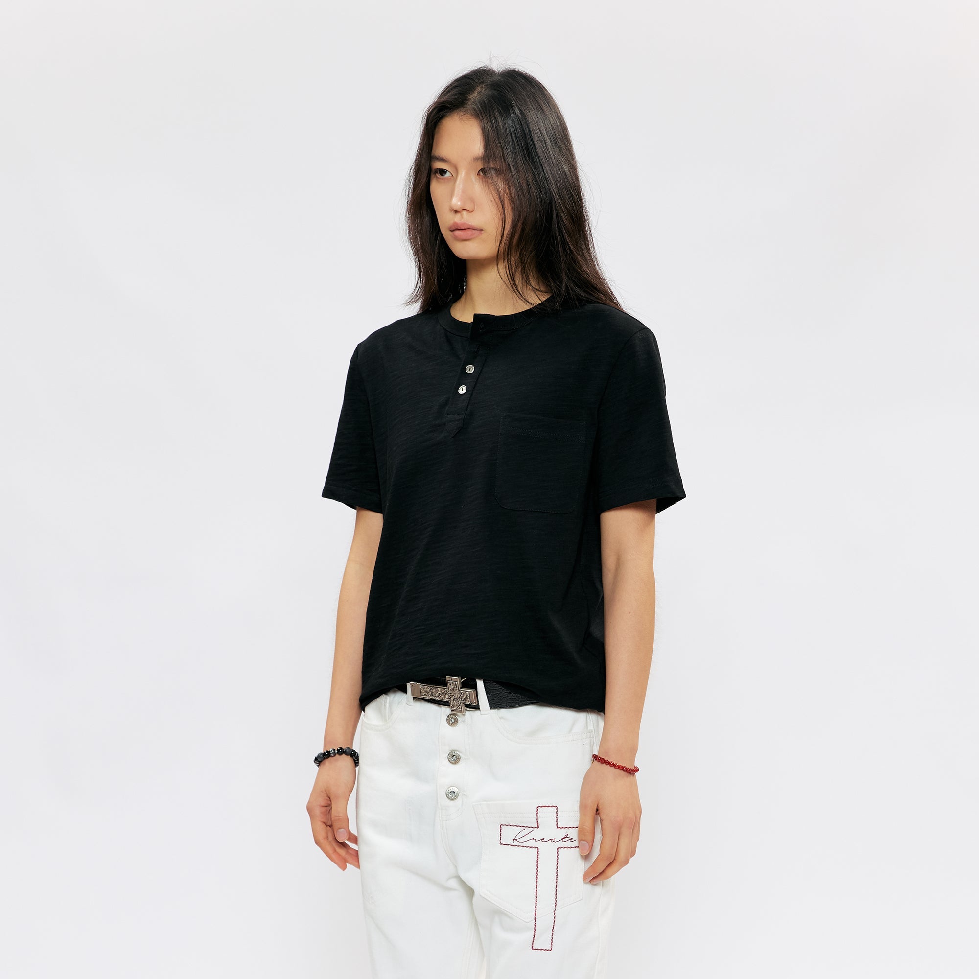 KREATE Cross-Stitch Henley T-Shirt-T Shirt-S (Preorder)-Dark Gray-Free Shipping Leatheretro