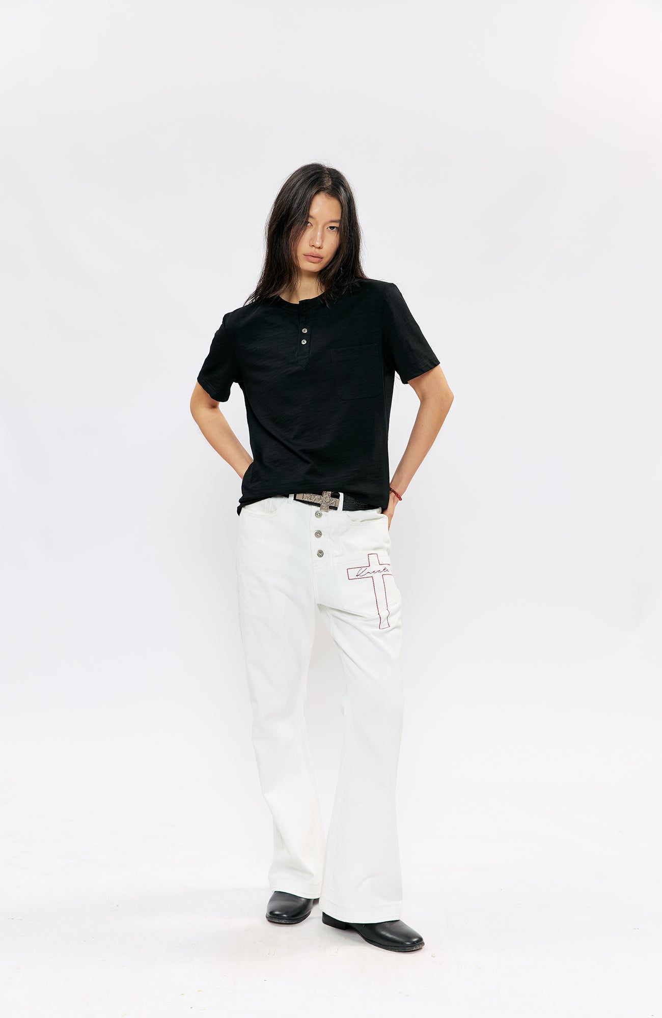 KREATE Cross-Stitch Henley T-Shirt-T Shirt-S (Preorder)-Dark Gray-Free Shipping Leatheretro