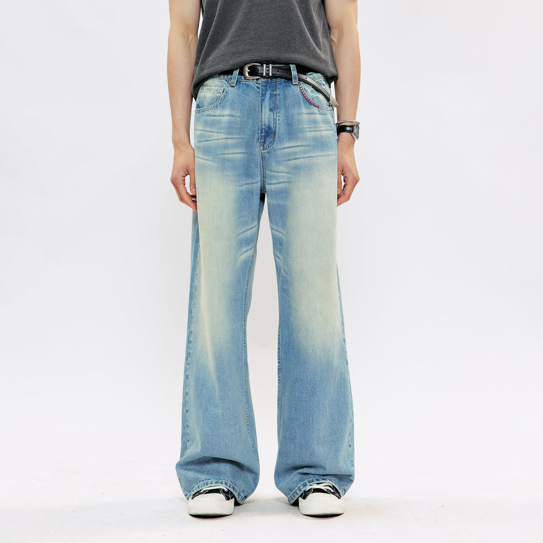 KREATE KREATE Cross-Stitch Wide-Leg Washed Jeans-Jeans-S (Preorder)-Free Shipping Leatheretro