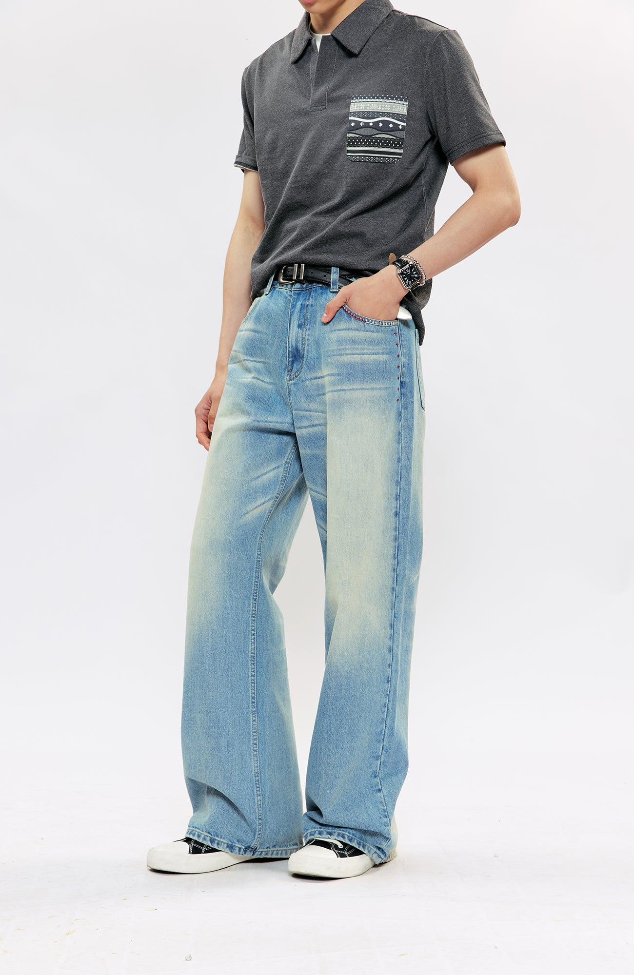 KREATE KREATE Cross-Stitch Wide-Leg Washed Jeans-Jeans-S (Preorder)-Free Shipping Leatheretro