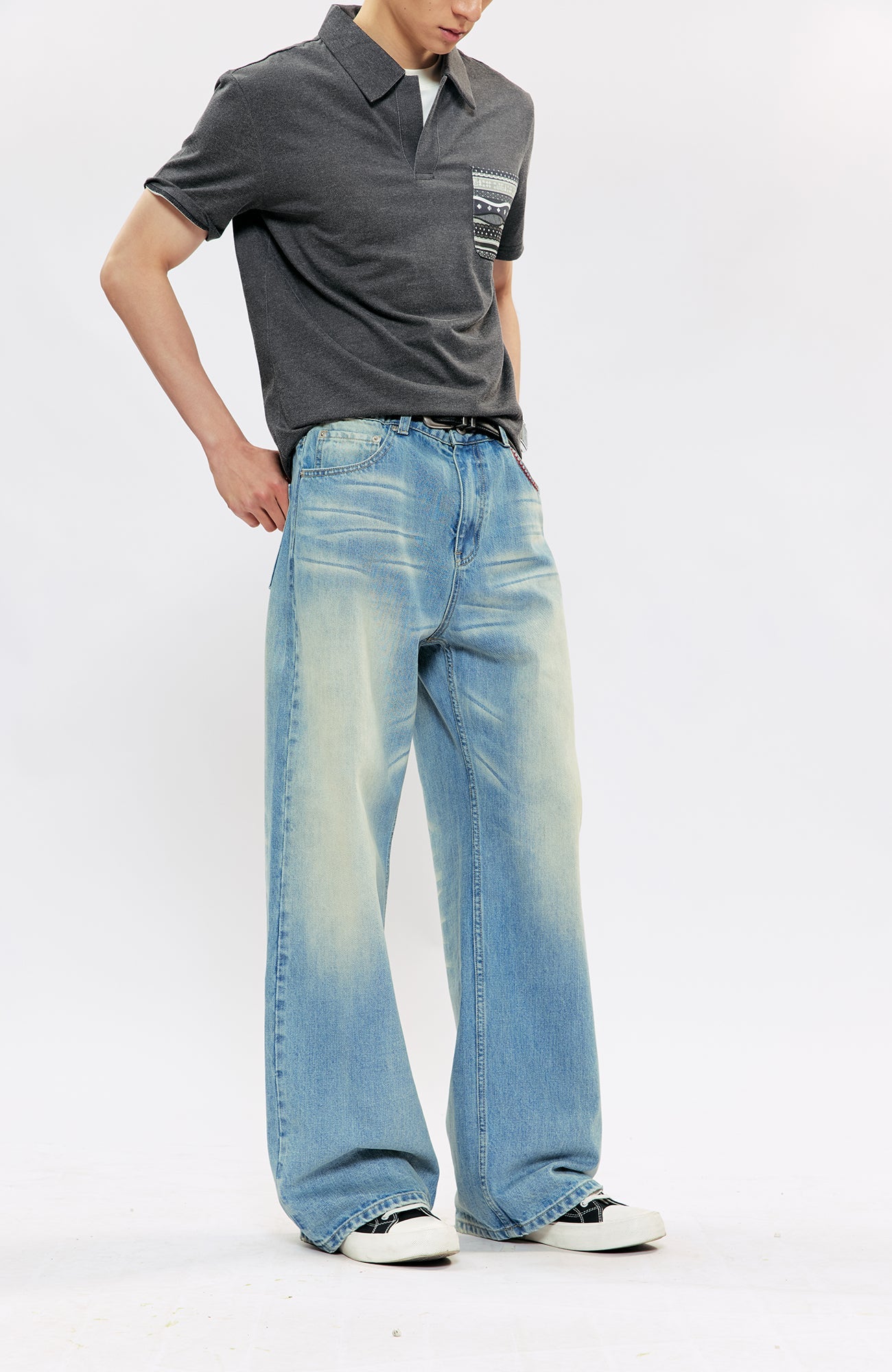KREATE KREATE Cross-Stitch Wide-Leg Washed Jeans-Jeans-S (Preorder)-Free Shipping Leatheretro