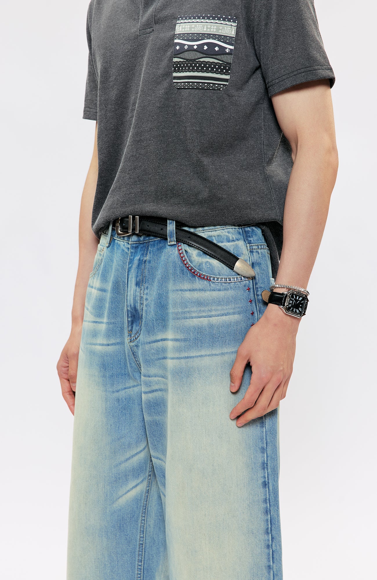 KREATE KREATE Cross-Stitch Wide-Leg Washed Jeans-Jeans-S (Preorder)-Free Shipping Leatheretro