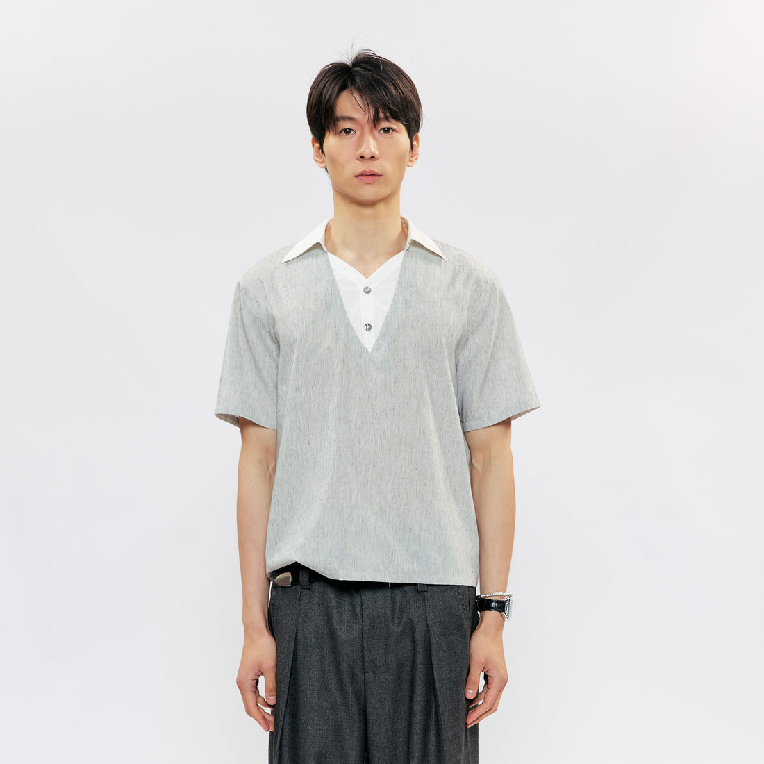 KREATE Layered V-Neck Collared T-Shirt-T Shirt-S (Preorder)-Free Shipping Leatheretro