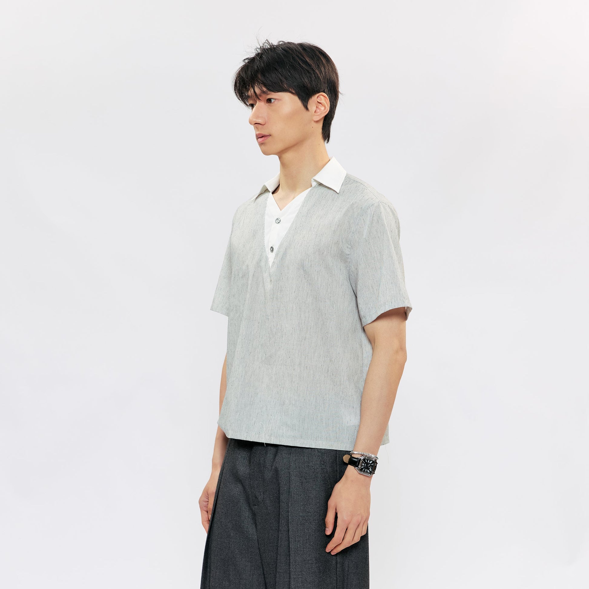 KREATE Layered V-Neck Collared T-Shirt-T Shirt-S (Preorder)-Free Shipping Leatheretro