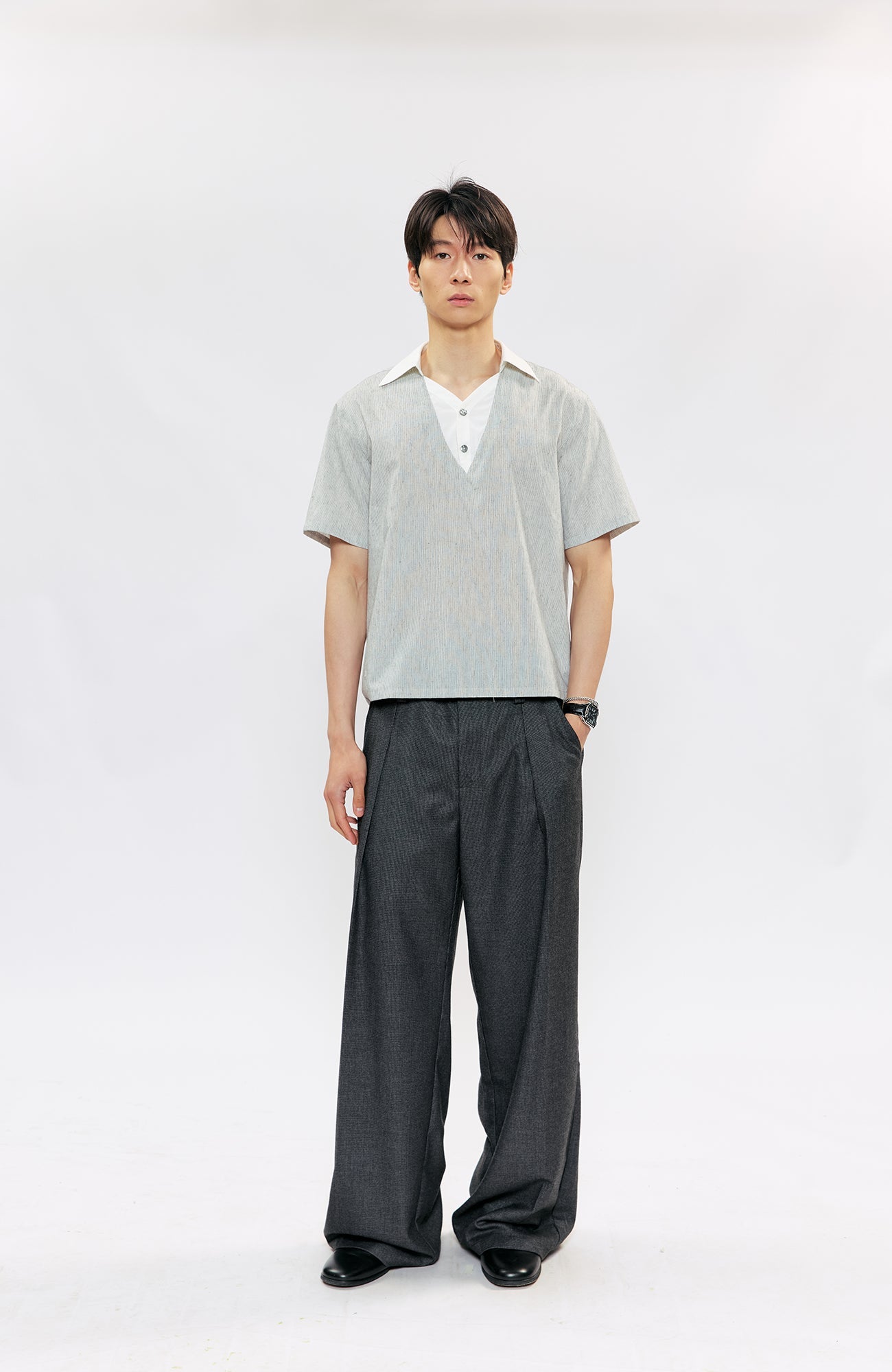KREATE Layered V-Neck Collared T-Shirt-T Shirt-S (Preorder)-Free Shipping Leatheretro
