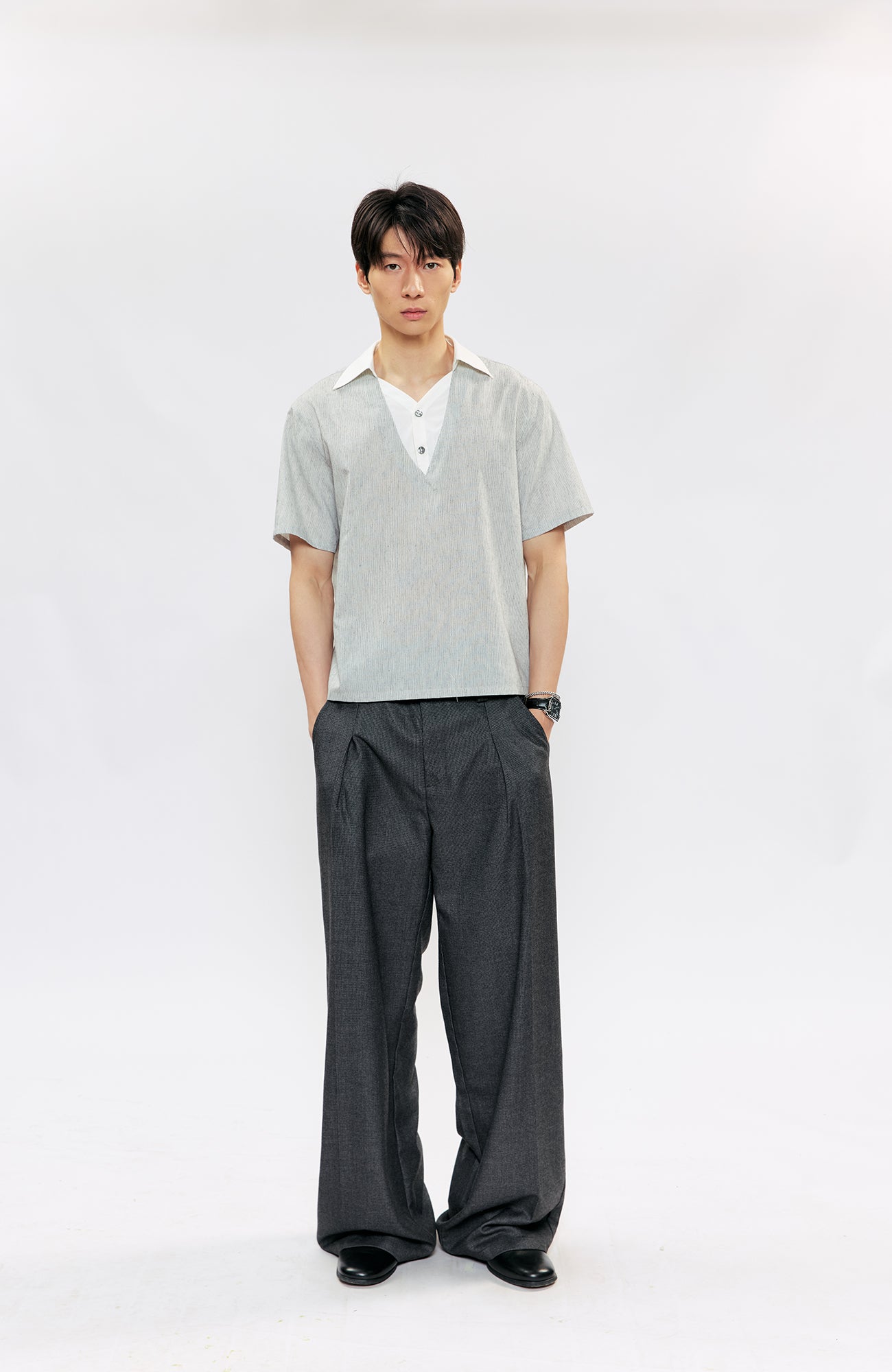 KREATE Layered V-Neck Collared T-Shirt-T Shirt-S (Preorder)-Free Shipping Leatheretro