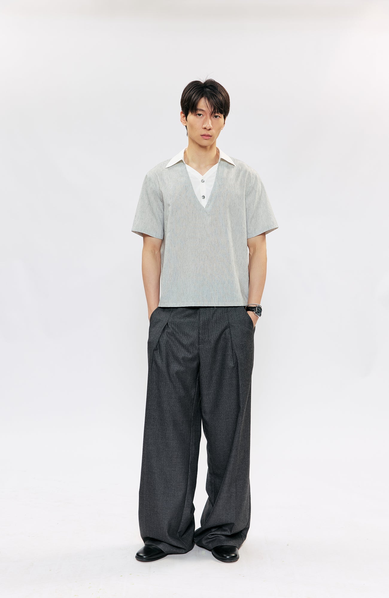 KREATE Layered V-Neck Collared T-Shirt-T Shirt-S (Preorder)-Free Shipping Leatheretro